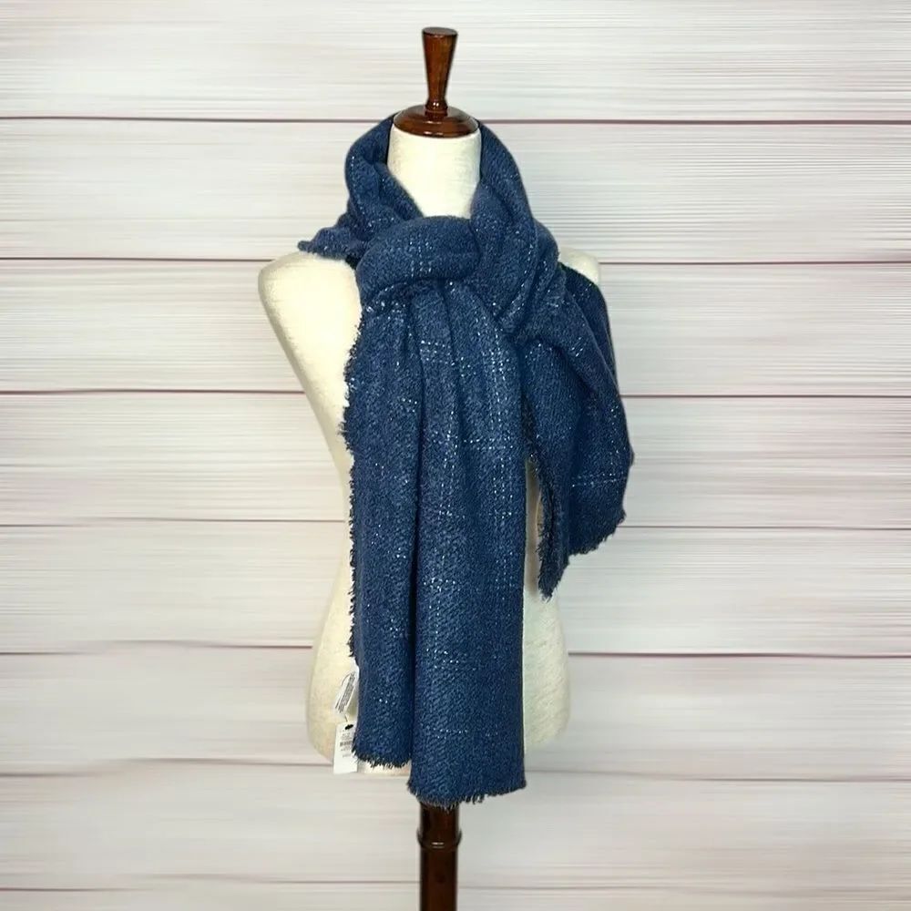 NWT Talbots Blue Wrap Scarf Metallic Windowpane Large Chunky New